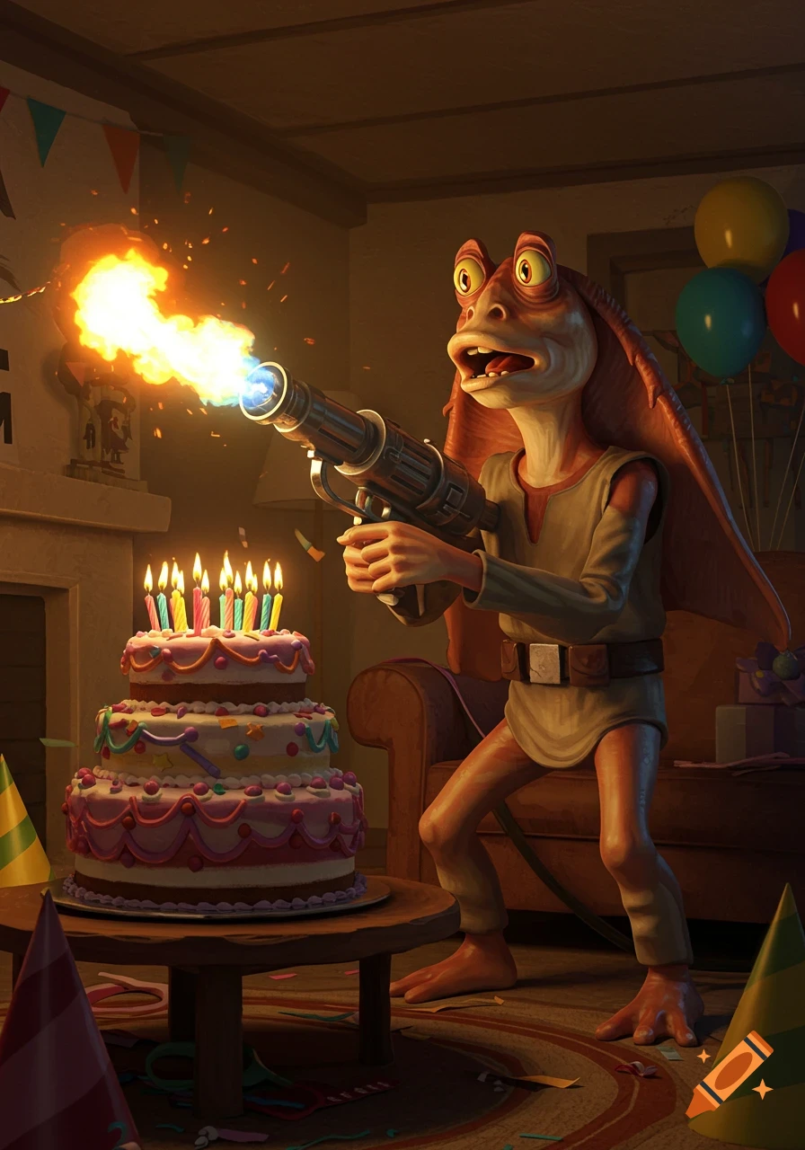 Jar Jar Binks using a flamethrower to light candles on a tiered birthday cake in a decorated room.