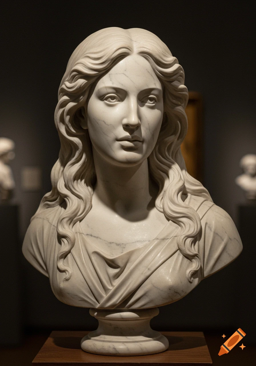 White marble bust of a woman with long wavy hair, prominent eyes, and draped clothing, displayed in a dark museum setting.