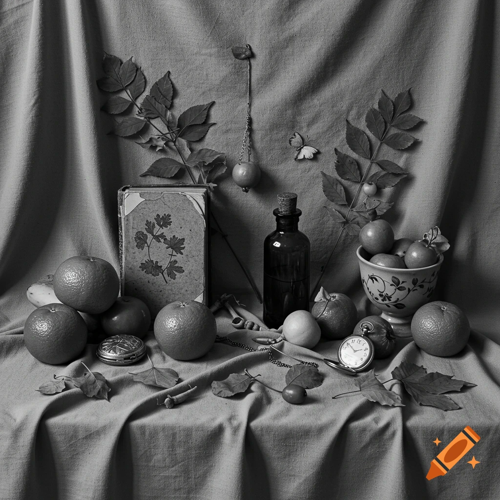 Black and white still life photograph featuring oranges, leaves, an antique book, a corked bottle, and a pocket watch arranged on a draped cloth.