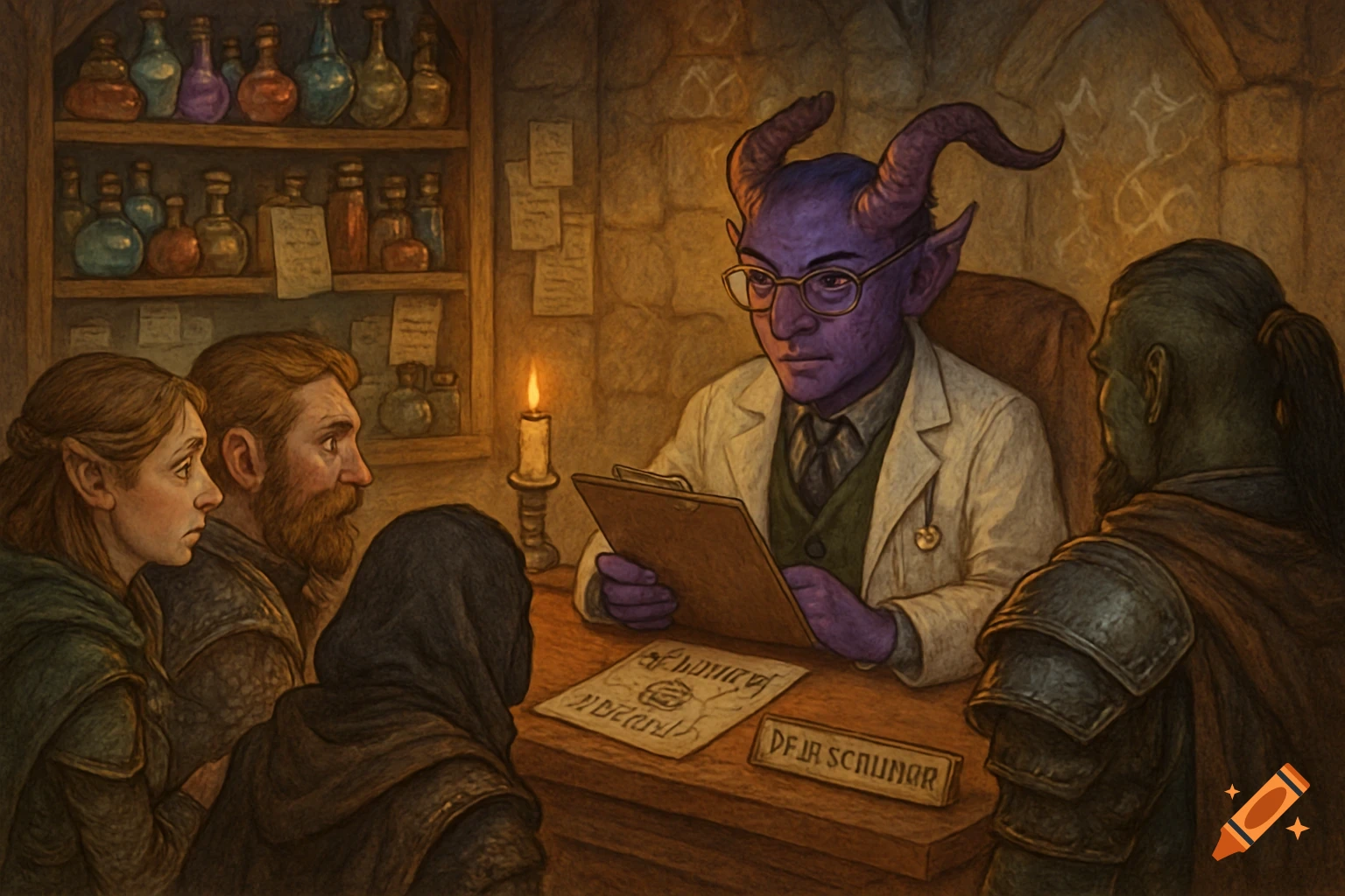 A D&D-style illustration of a purple tiefling doctor with glasses behind a desk, interviewing adventurers in a candle-lit fantasy clinic.
