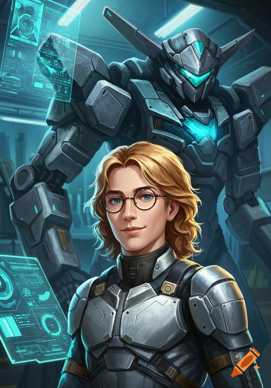 A young male mech pilot with long blonde hair and glasses in light armor stands before a large gray mech with blue glowing accents in a sci-fi setting.