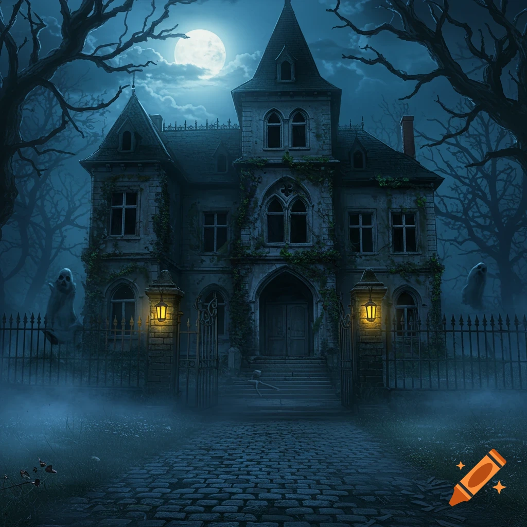 A spooky gothic mansion at night, under a full moon, with bare trees, mist, a cobblestone path, and two faint ghosts.