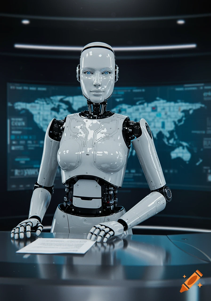 A photorealistic robot news anchor sits at a desk with a world map on a screen in the background.