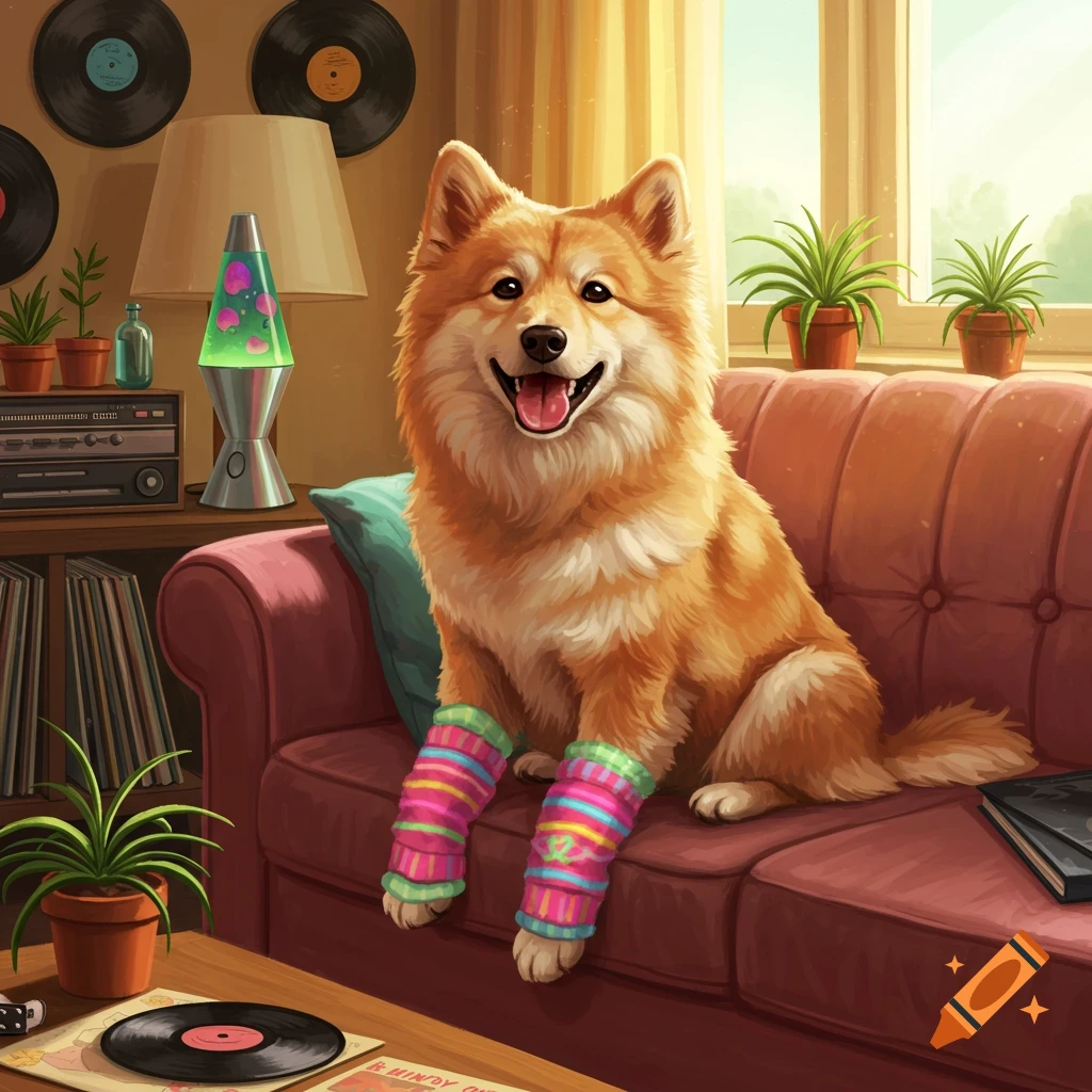 A cute fluffy dog wearing colorful leg warmers sits on a red couch in a retro-themed living room.