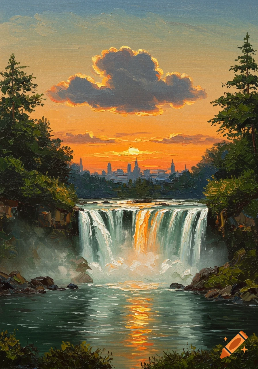 An oil painting of a waterfall glowing under an orange sunset, flanked by green forests with a distant city silhouette.