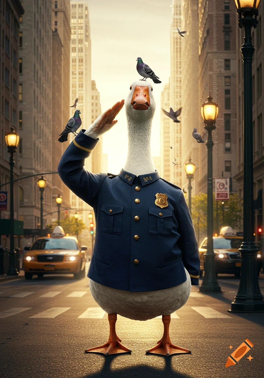 A photorealistic goose dressed in a police uniform stands on a city street, saluting, with taxis and tall buildings in the background.