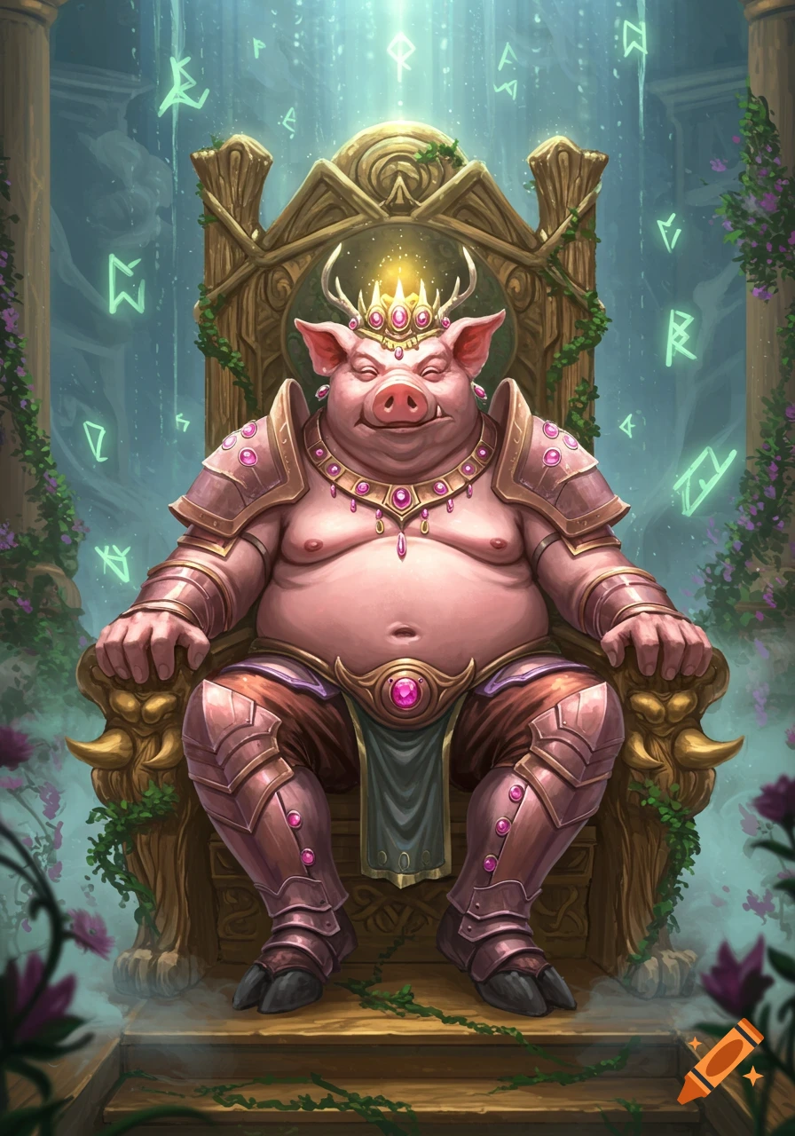 An armored, anthropomorphic pig god with a crown sits on a golden throne, surrounded by glowing runes.