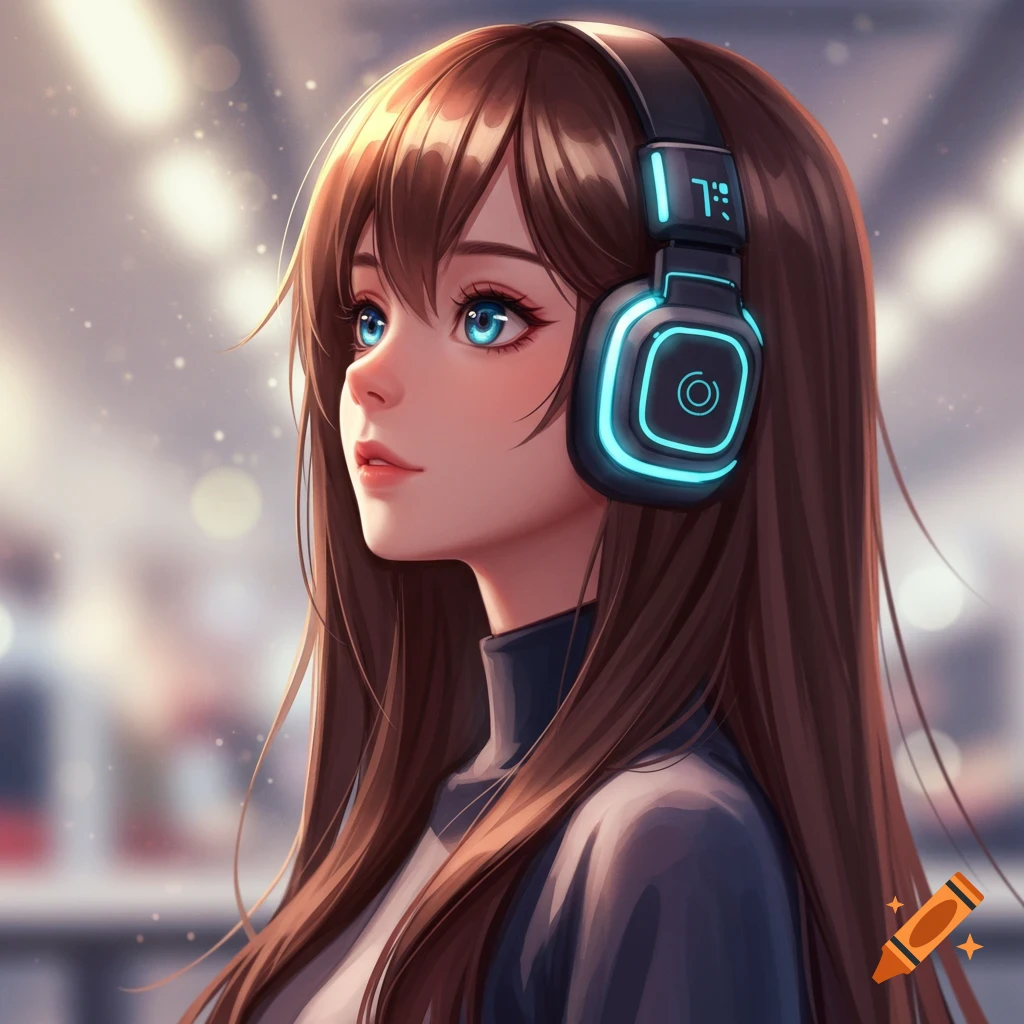 An anime girl with long brown hair and blue eyes wears glowing blue headphones, looking up and to the left in a soft bokeh background.