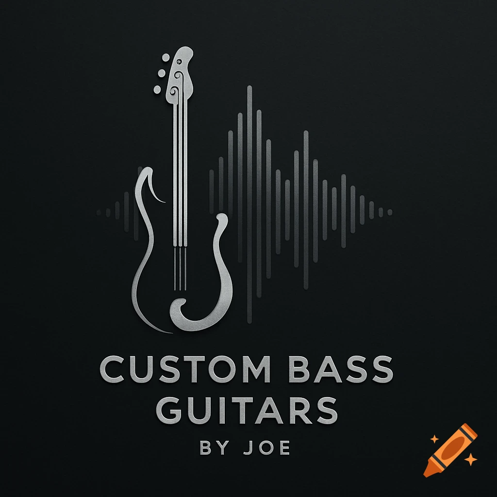 Silver outline of a bass guitar with a sound wave graphic above the text 'Custom Bass Guitars By Joe' on a dark background.