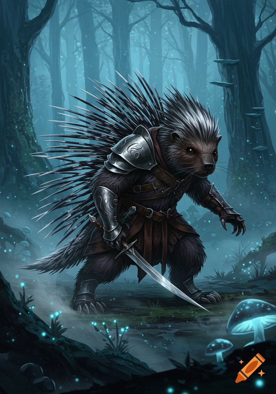 An armored porcupine warrior with a sword stands in a mystical forest with glowing mushrooms, digital art.