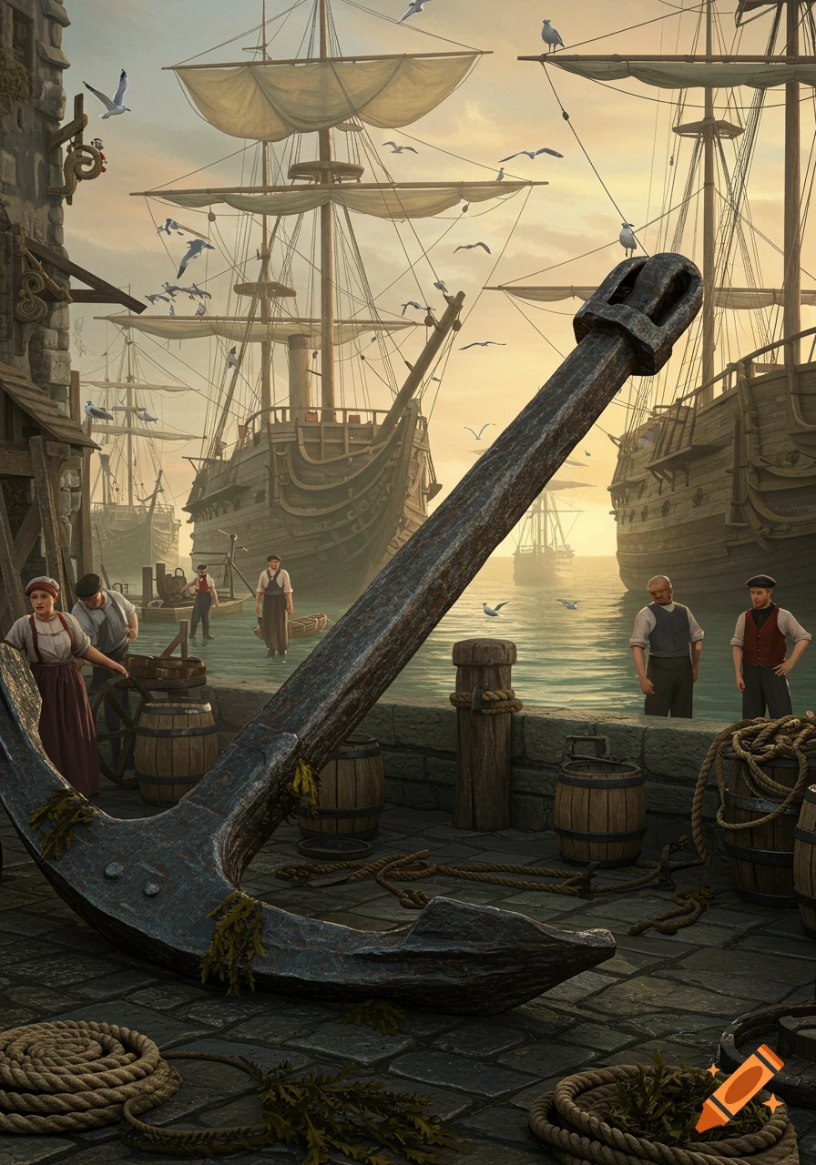 A large anchor in the foreground of a busy 1800s harbor with tall ships, seagulls, and laborers on the quay, under a warm sky.