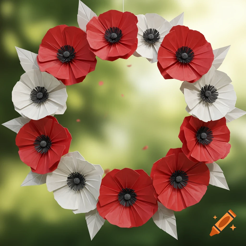 A circular wreath made of red and white origami poppies with gray-white leaves against a soft, blurred green background.