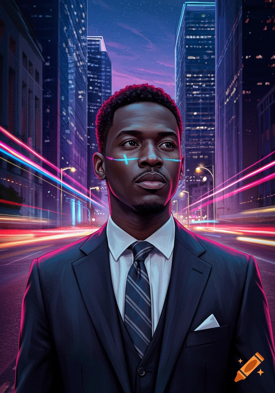 Digital art portrait of a man in a suit with neon facial markings, standing in a futuristic cityscape at night with glowing light trails.