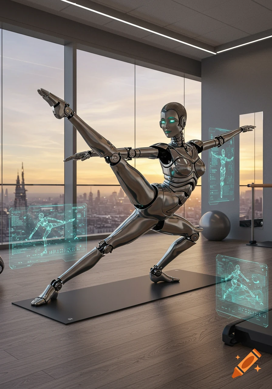 A metallic robot practices a high kick on a yoga mat in a modern gym with a city view at sunset, with holographic displays.