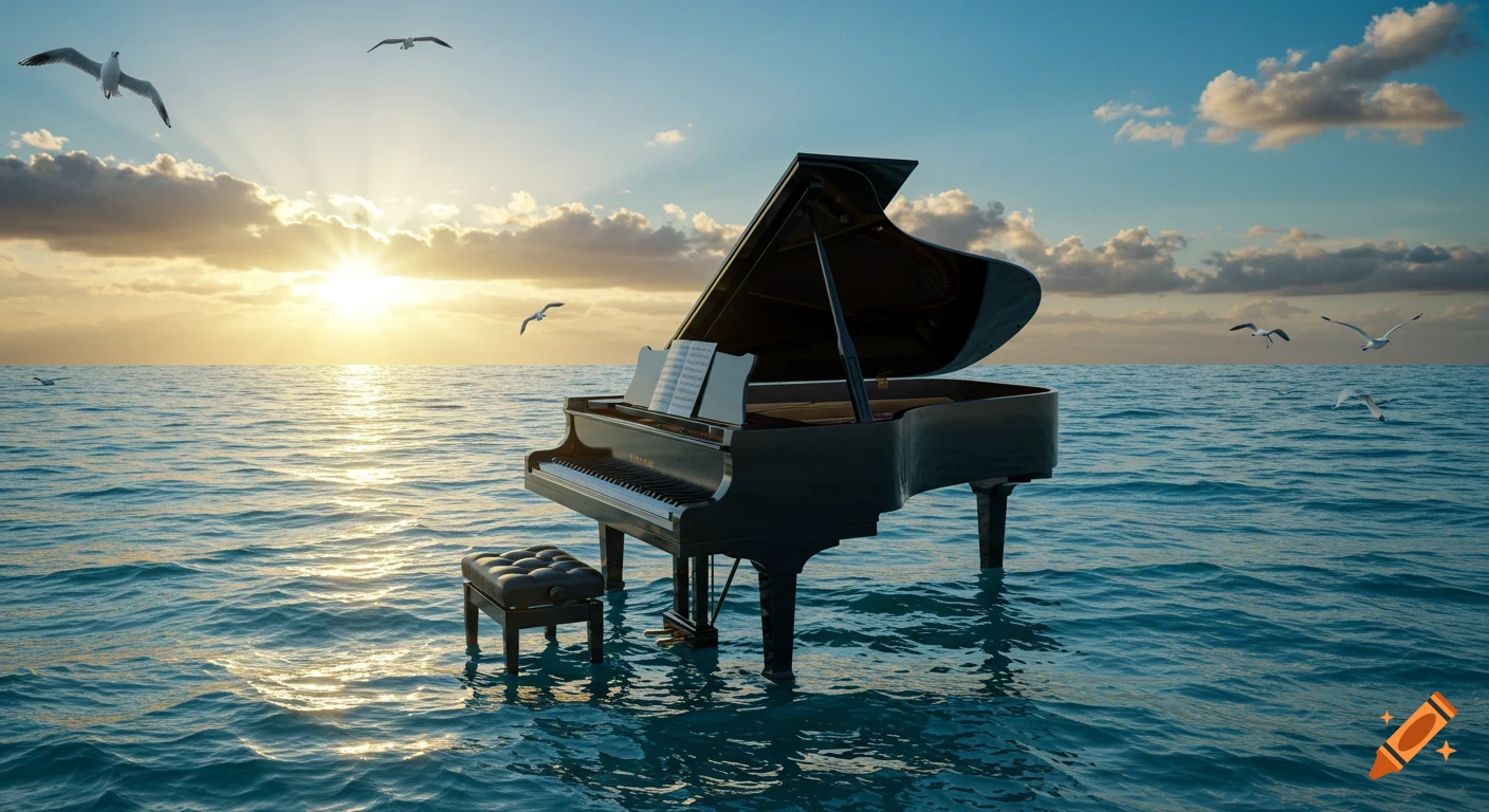 A photorealistic grand piano with a stool floats on a calm ocean, with seagulls flying under a vibrant sunset sky.