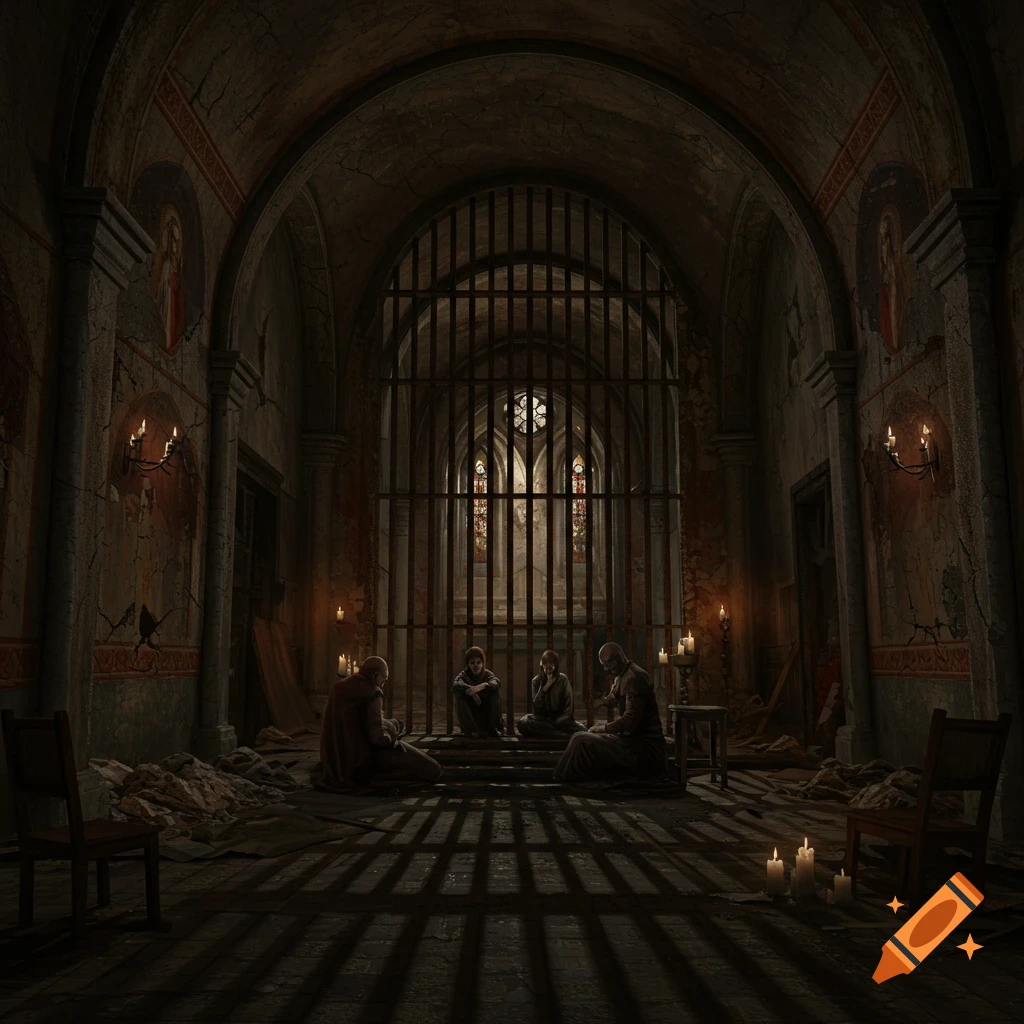 Four robed figures sit in a dark, derelict arched chamber with a barred window, illuminated by candlelight.