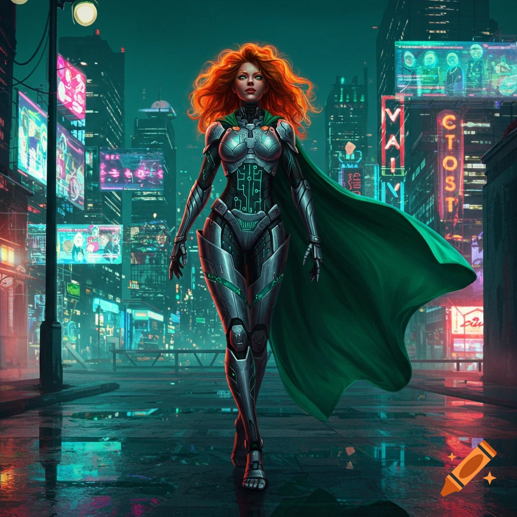 A female cyber hero with vibrant orange hair and a green cape walks through a neon-lit cyberpunk city at night.