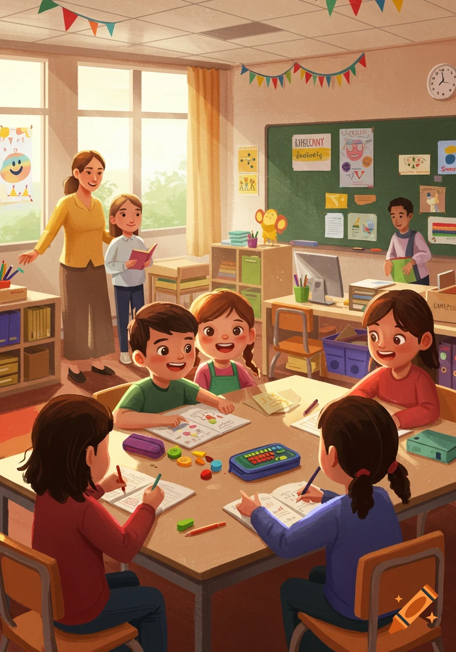 A bright illustration of children and a teacher in a classroom. Kids work at a table, while a teacher reads with another child.