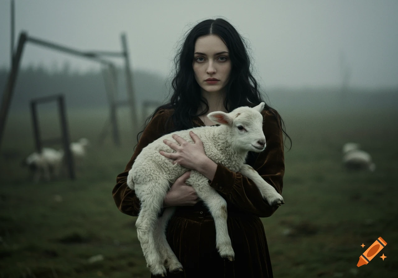 A dark-haired woman in a field holds a white lamb in a moody, surreal painting style.