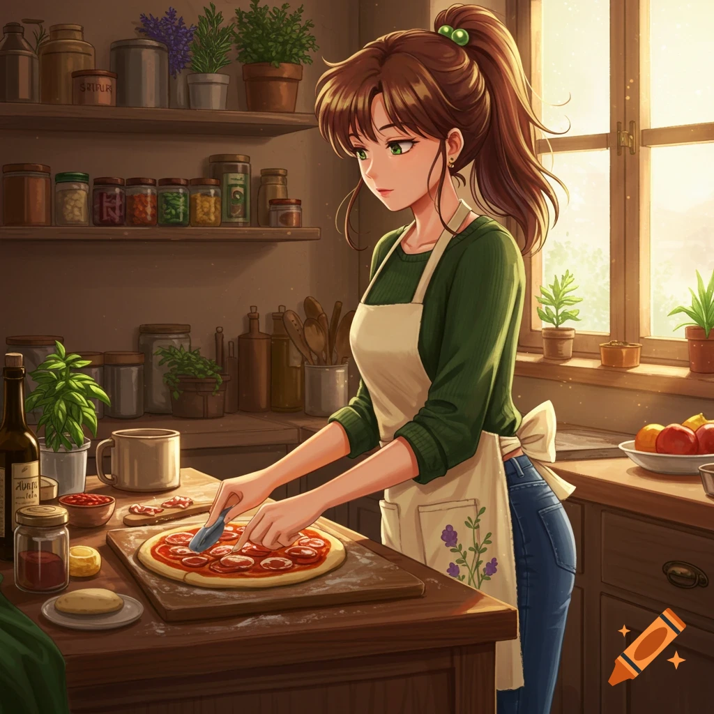 An anime woman with brown hair in a ponytail, wearing a green sweater and apron, making pizza in a rustic kitchen.