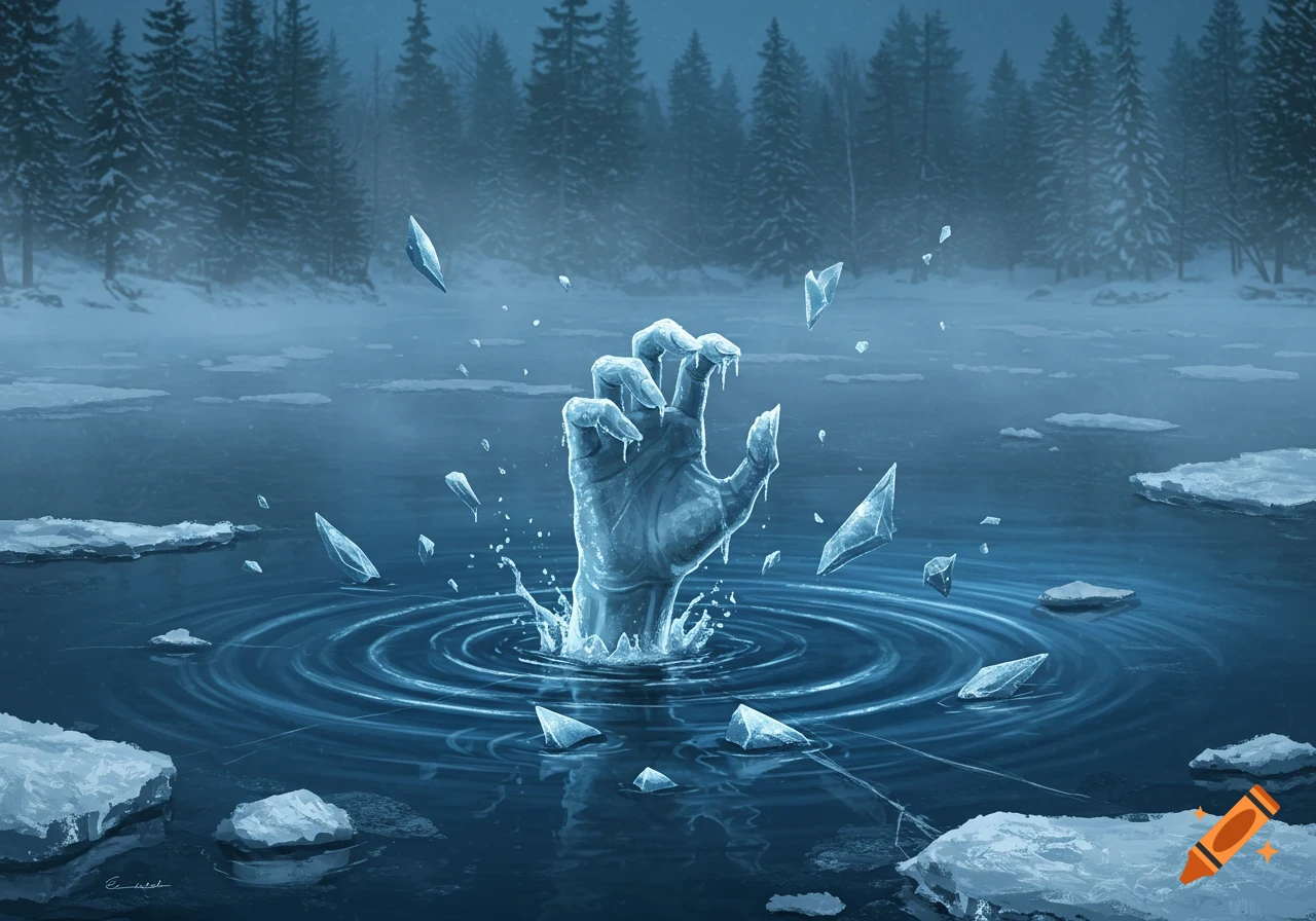 A frozen, gnarled hand emerges from dark, icy water, surrounded by sharp ice shards and ripples, set against a snowy forest.