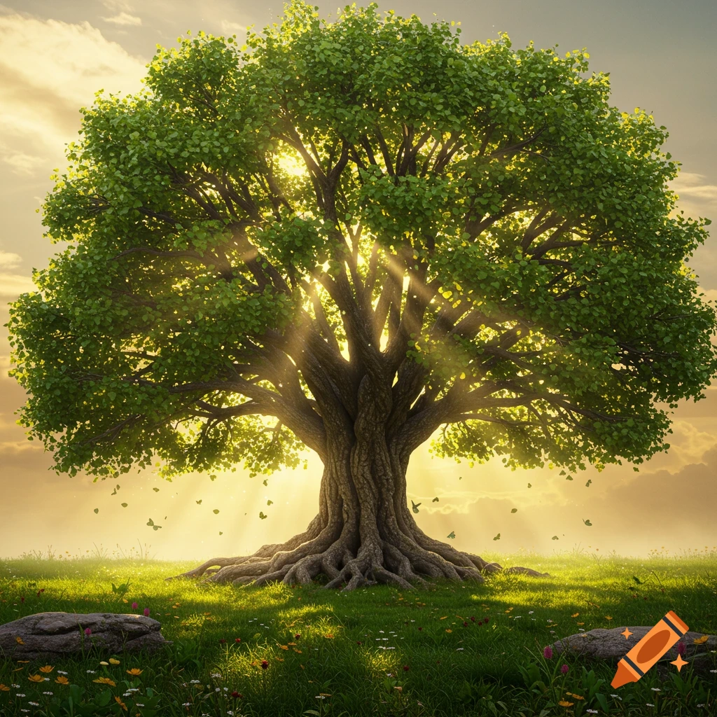 A majestic tree with glowing green leaves and visible roots, bathed in golden sunlight in a vibrant meadow with flowers and butterflies.