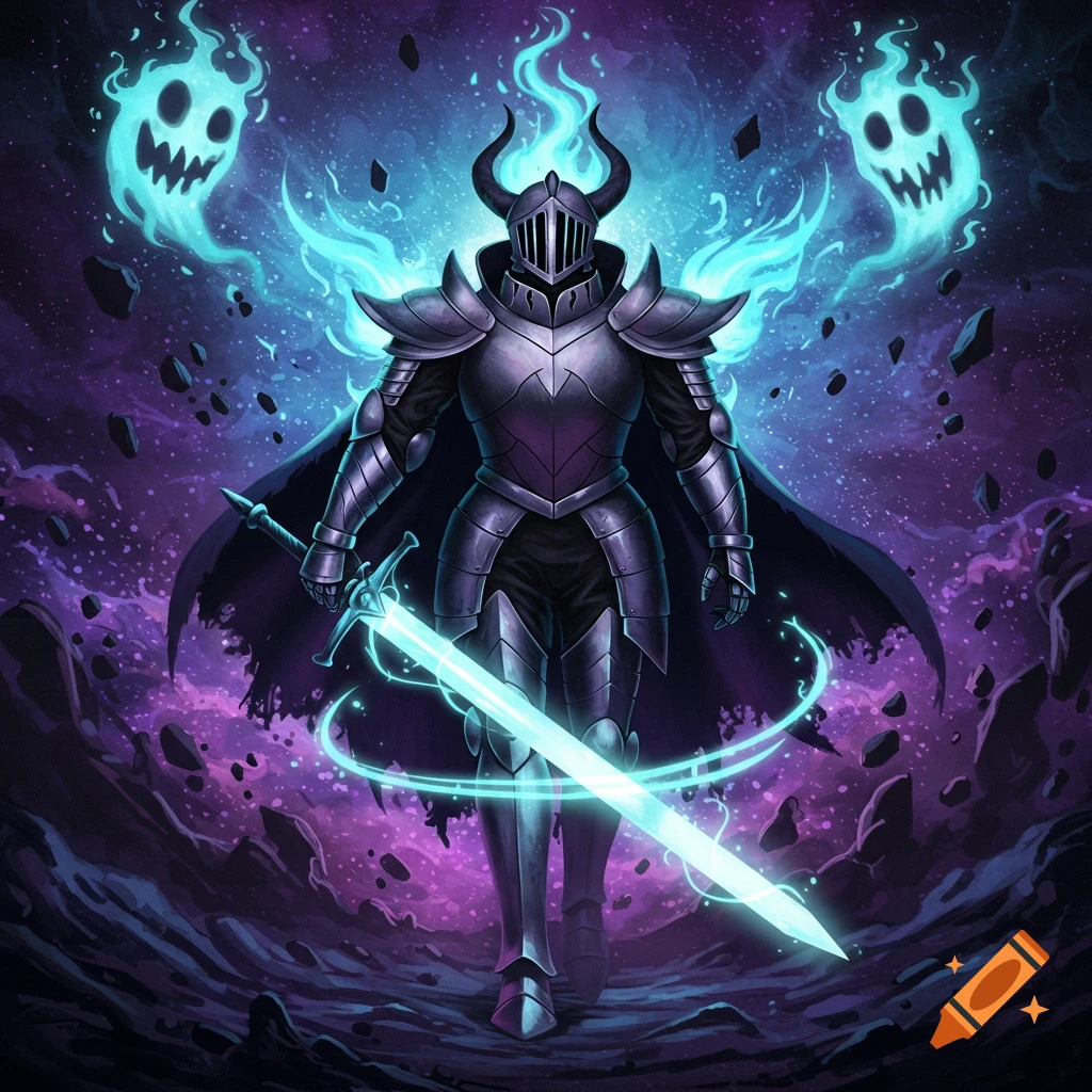 A knight in horned armor with a glowing blue sword stands in a cosmic, rocky landscape with blue flames and skull-like ghosts.