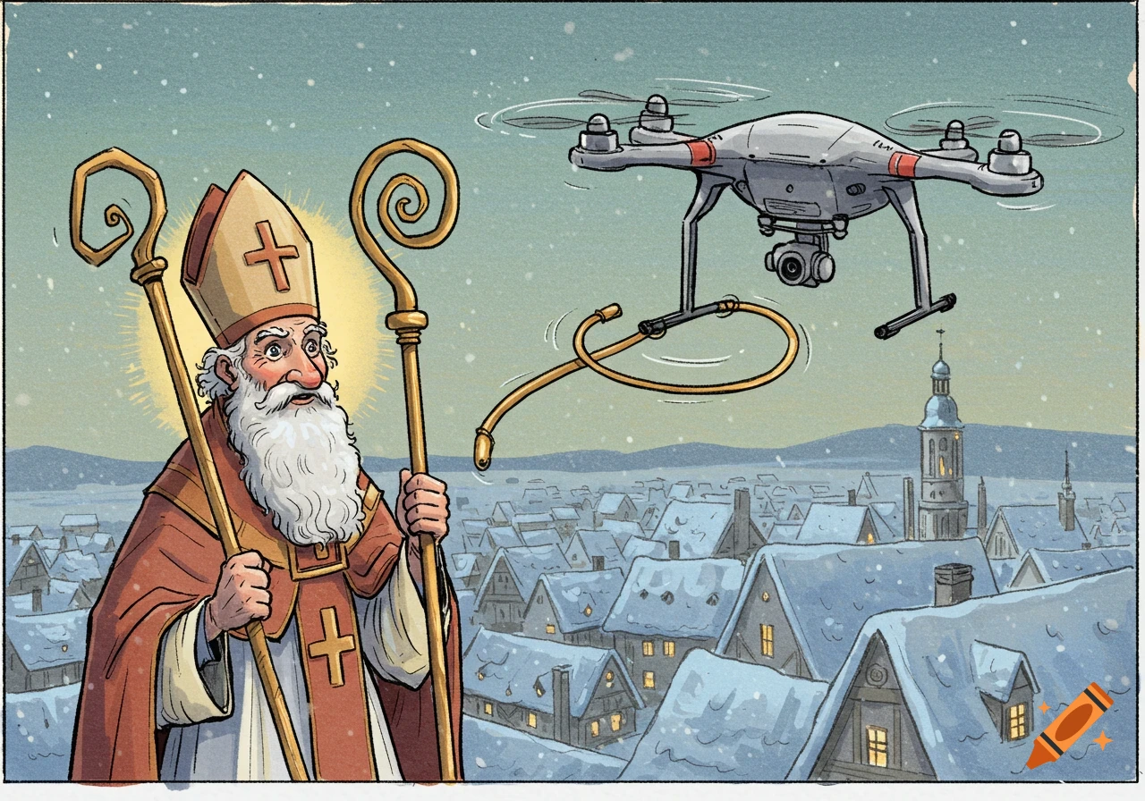 Cartoon illustration of Saint Nicholas catching a drone with his staff over a snowy village.