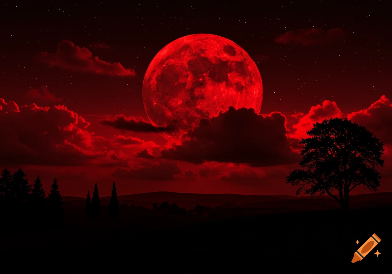 A large red moon glows intensely in a dark red, star-filled sky, partially obscured by dark red clouds over a silhouette of a treeline and hills.