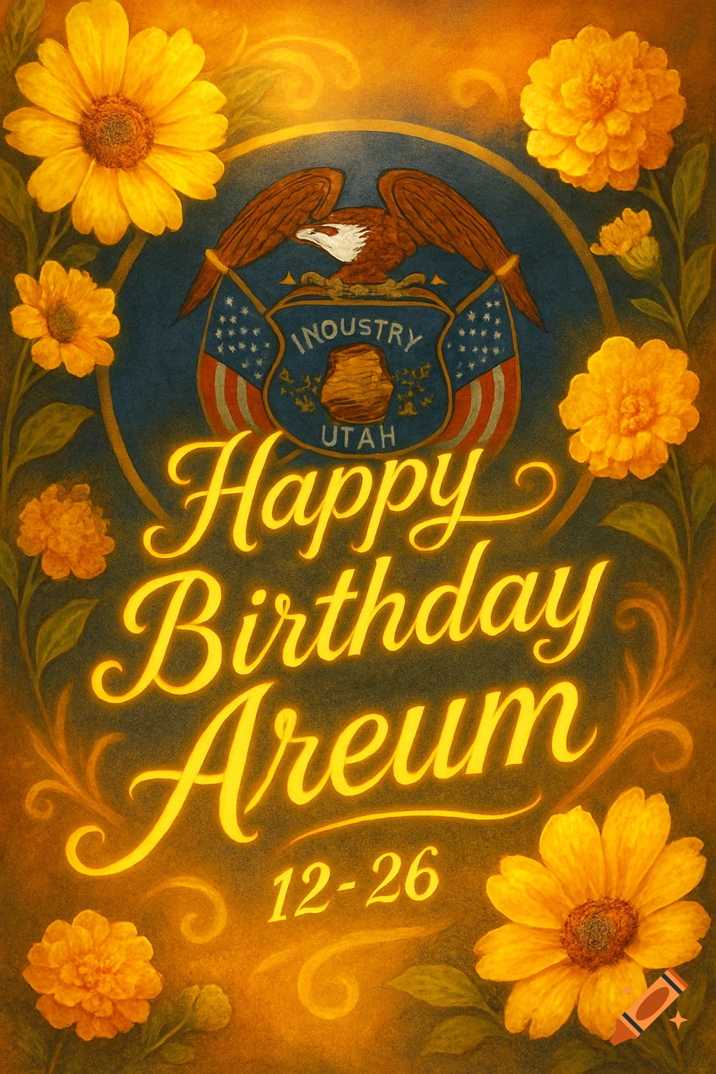 A vintage-style birthday card with yellow and gold tones, featuring various yellow flowers, an emblem with an eagle and "INOUSTRY UTAH" text, and glowing script "Happy Birthday Areum 12-26".