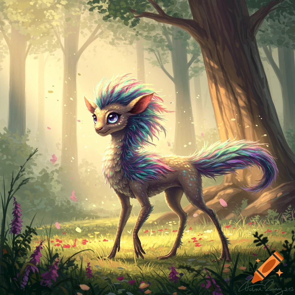 A whimsical, colorful fantasy creature with large eyes and a spiky mane stands in a sunlit forest clearing.