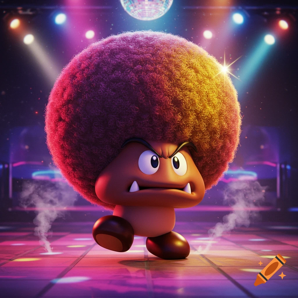 A 3D rendered Goomba with a large brown afro stands on a colorful, neon-lit disco floor under a disco ball.