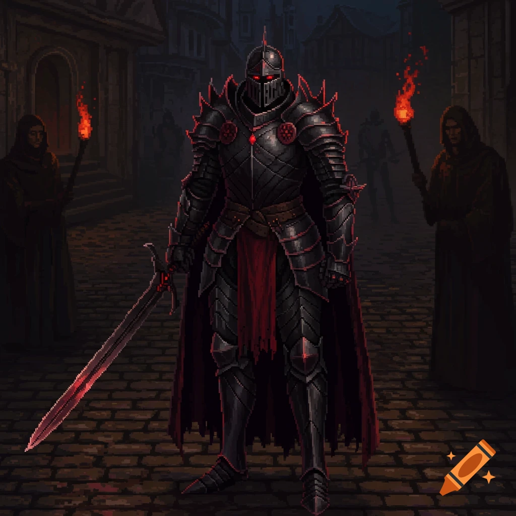 A pixel art dark knight in black armor with red glowing accents holds a red sword, flanked by two cloaked figures with torches on a dark cobblestone street.