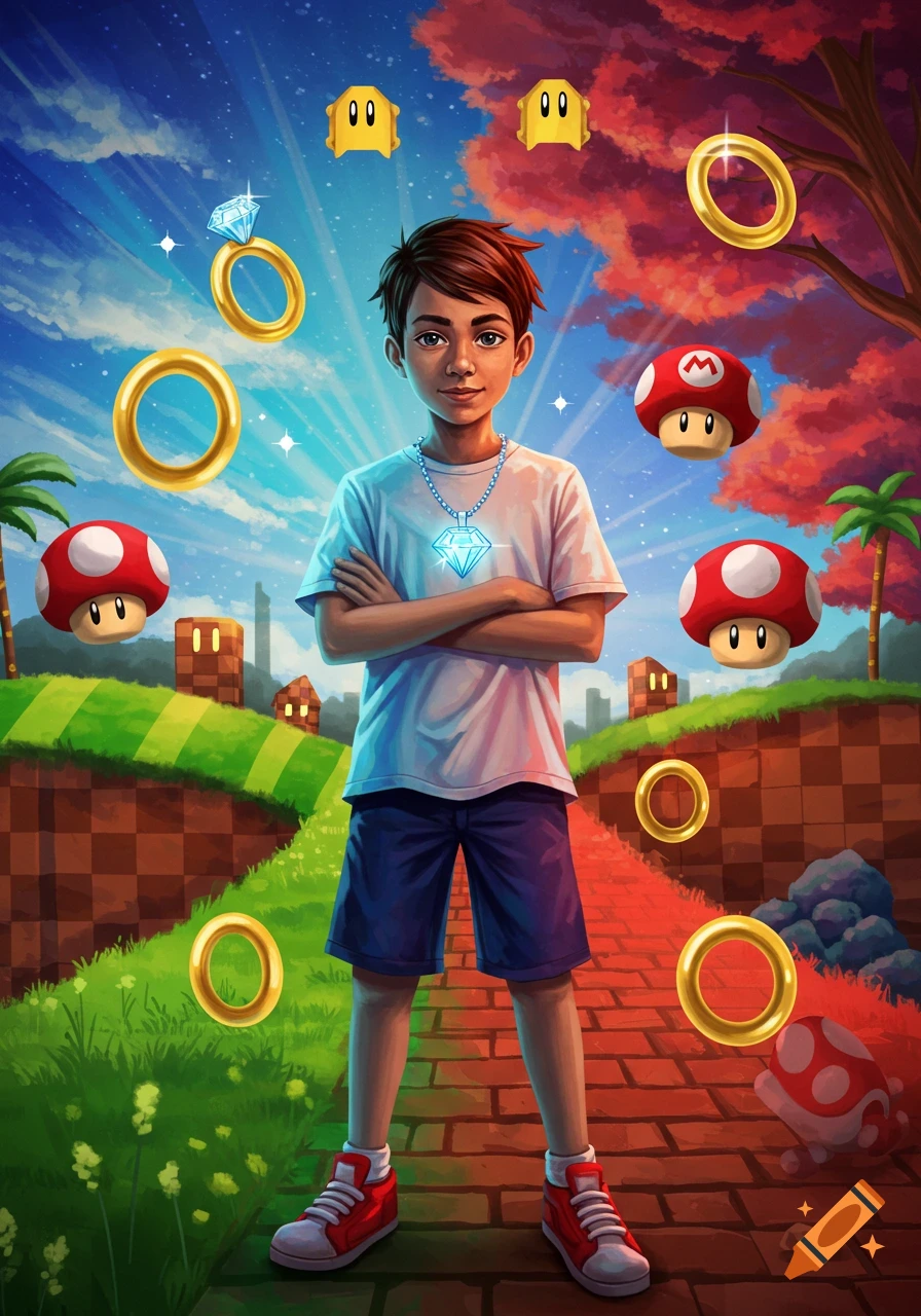 A boy wearing a glowing diamond necklace stands in a vibrant video game landscape with Mario mushrooms, Sonic rings, and blocky hills.