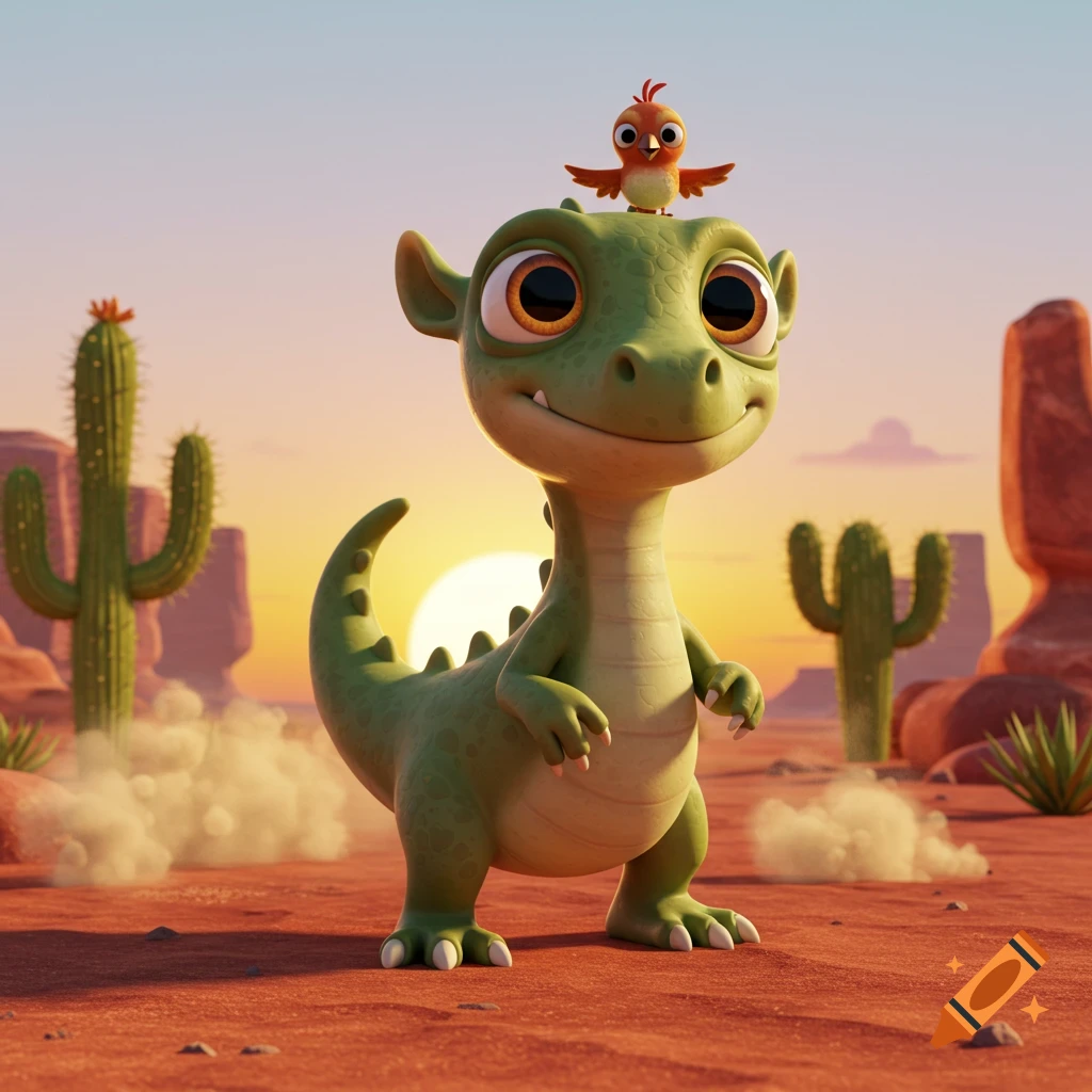 A cute green dinosaur-like creature with a small bird on its head in a Pixar-style desert landscape at sunset.