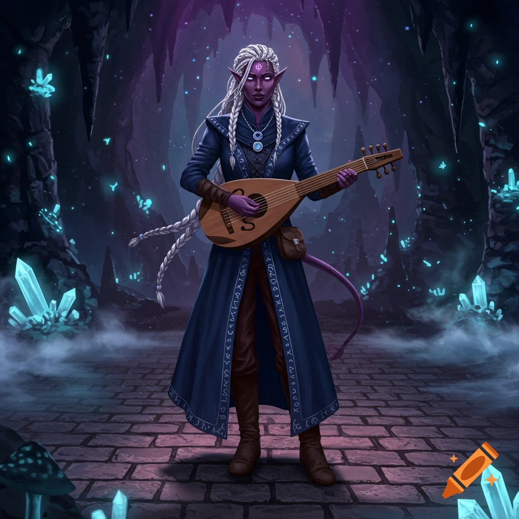 A purple-skinned female drow bard with white braids plays a lute in a mystical, glowing crystal cave with purple and blue light.