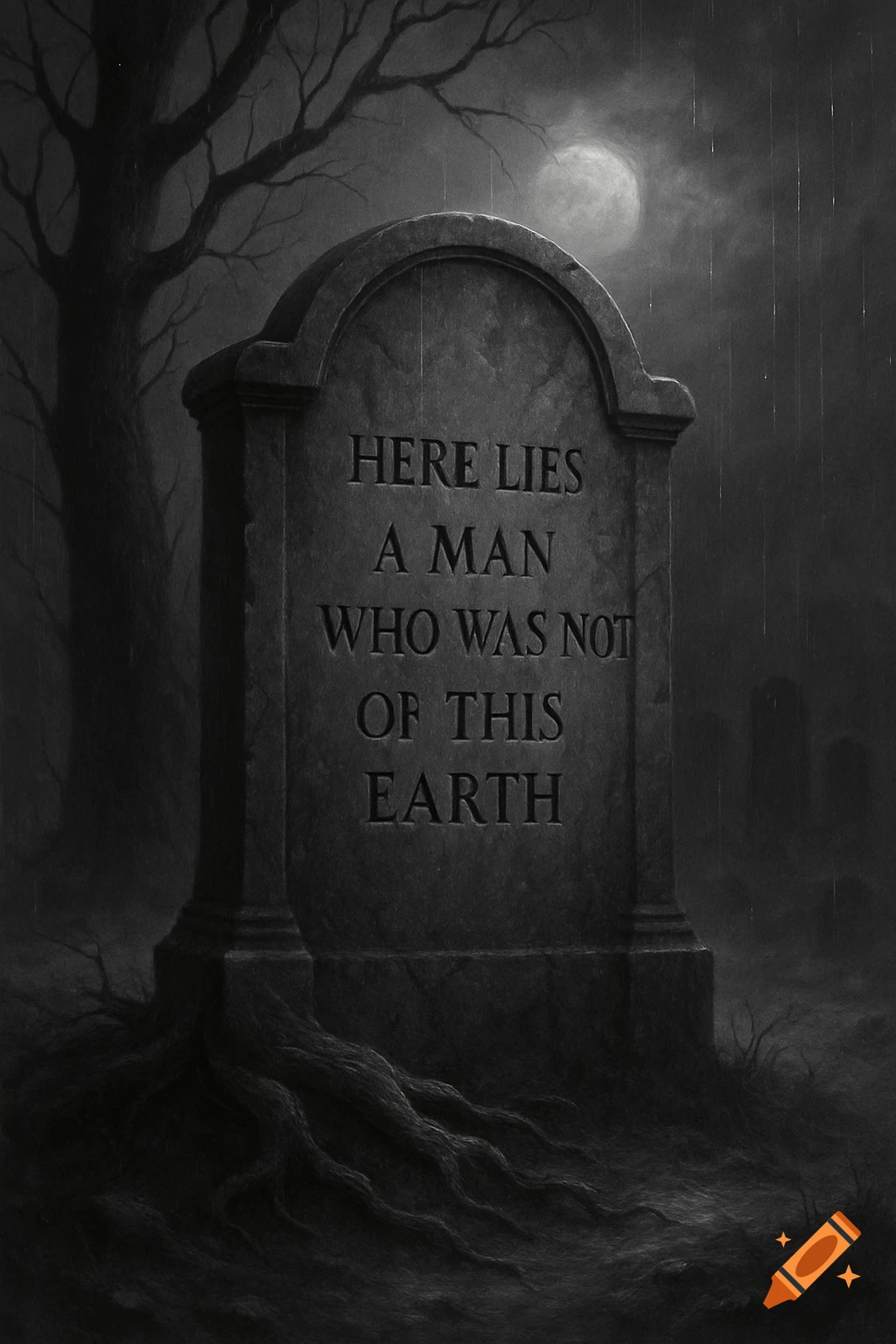 A grayscale illustration of a tombstone with roots at its base in a rainy graveyard under a full moon and bare trees. The epitaph reads, "HERE LIES A MAN WHO WAS NOT OF THIS EARTH".