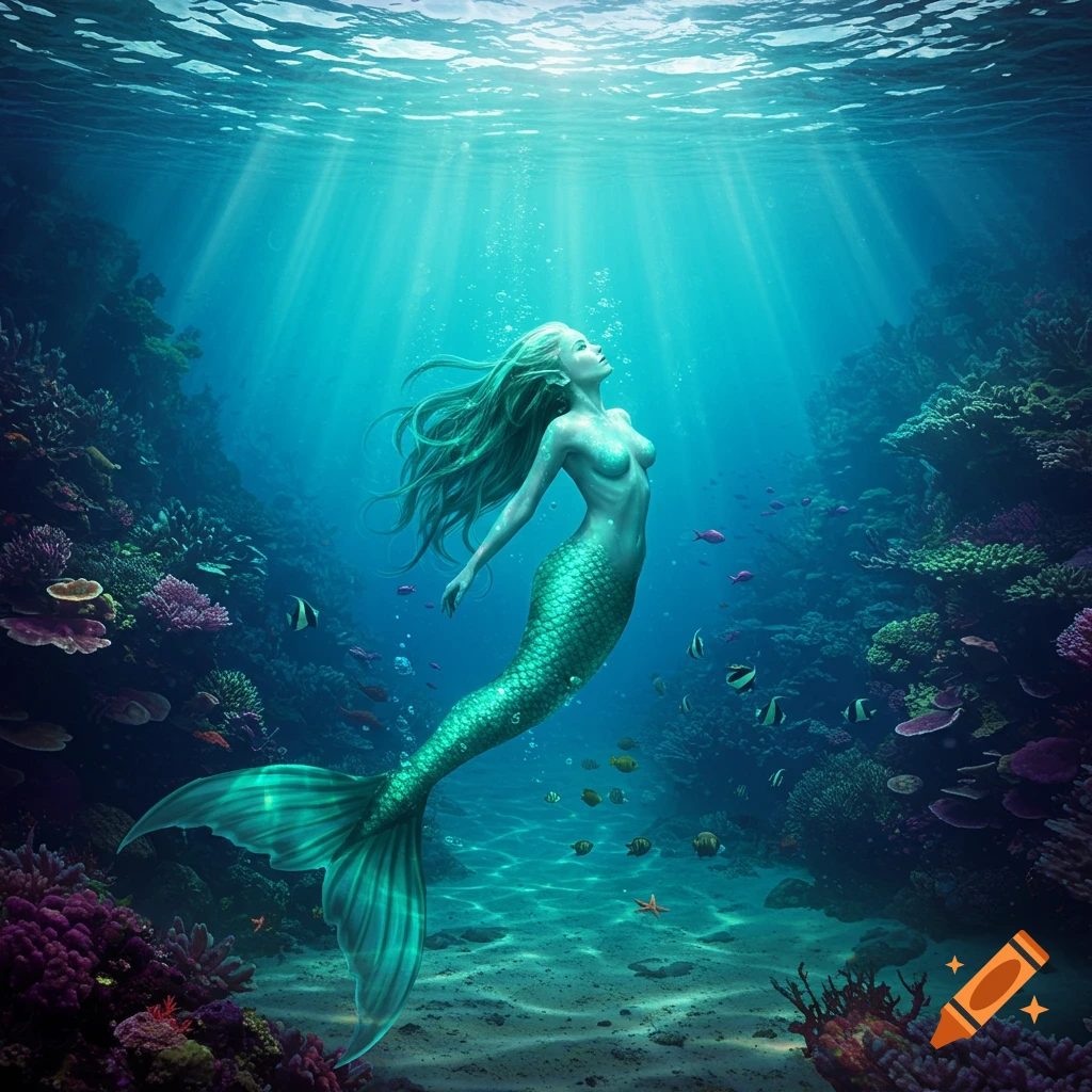 A beautiful mermaid with long flowing green hair and a shimmering teal tail swims gracefully in a vibrant coral reef, with sunbeams piercing the clear blue ocean water.