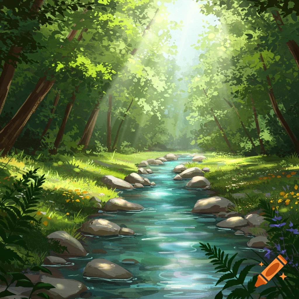 A vibrant, sunlit forest with a calm stream flowing through lush green foliage and rocks in an illustrated style.