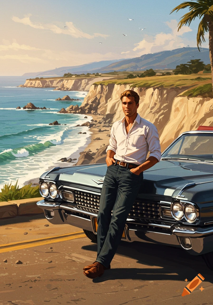A man in a white shirt and jeans leans on a vintage Cadillac on a road overlooking a sunny beach with cliffs and ocean waves, in an illustrated style.