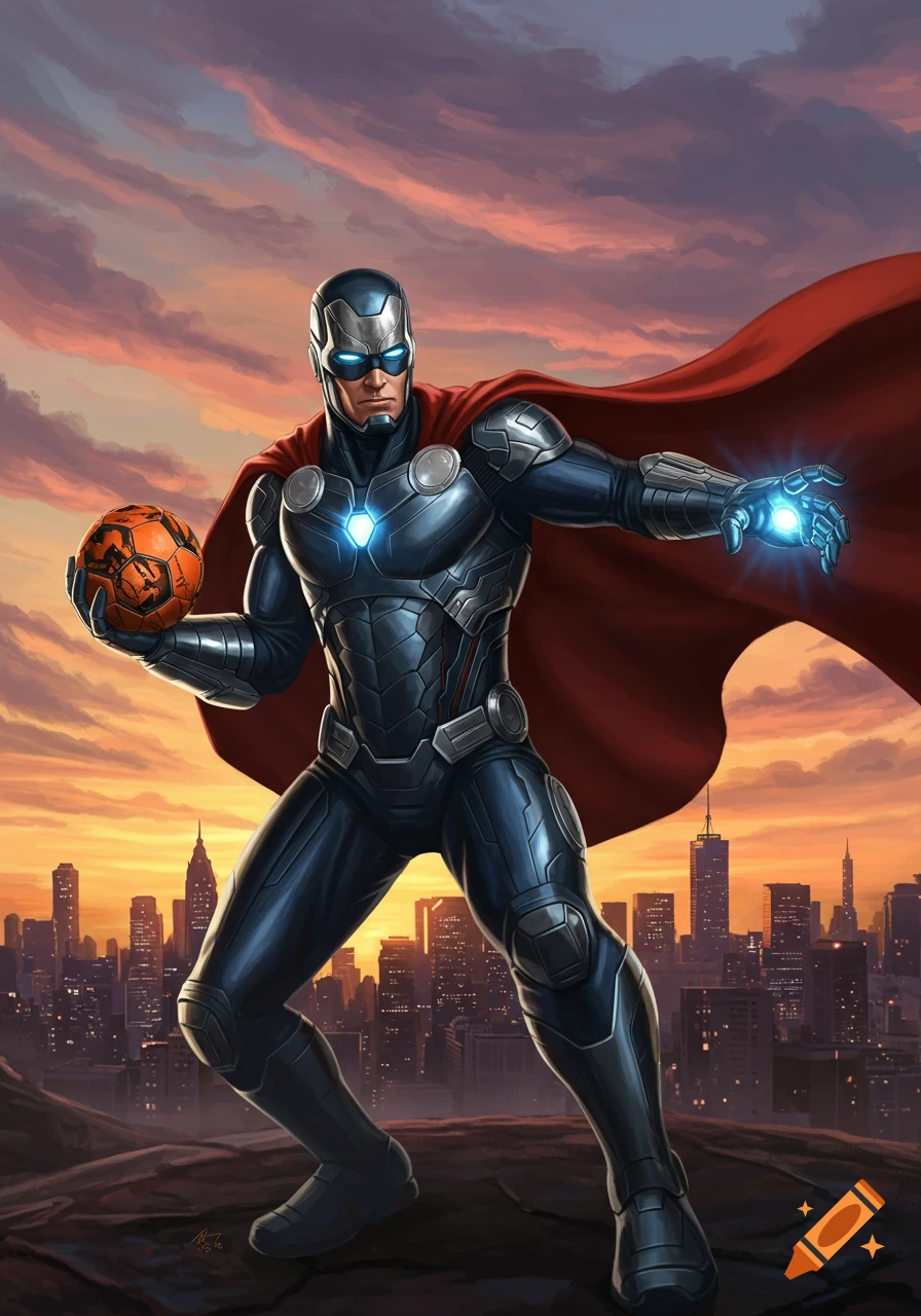Superhero in a blue armored suit and red cape holding an orange ball, with a glowing blue hand, against a sunset city skyline in comic book art style.