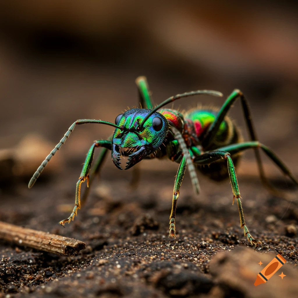 Photorealistic macro shot of a vibrant, iridescent green and blue ant with open mandibles, poised on dark soil.