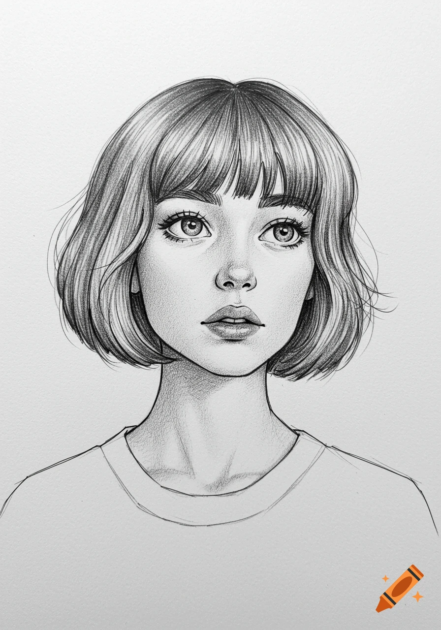 A black and white pencil sketch portrait of a young woman with a bob haircut and bangs.