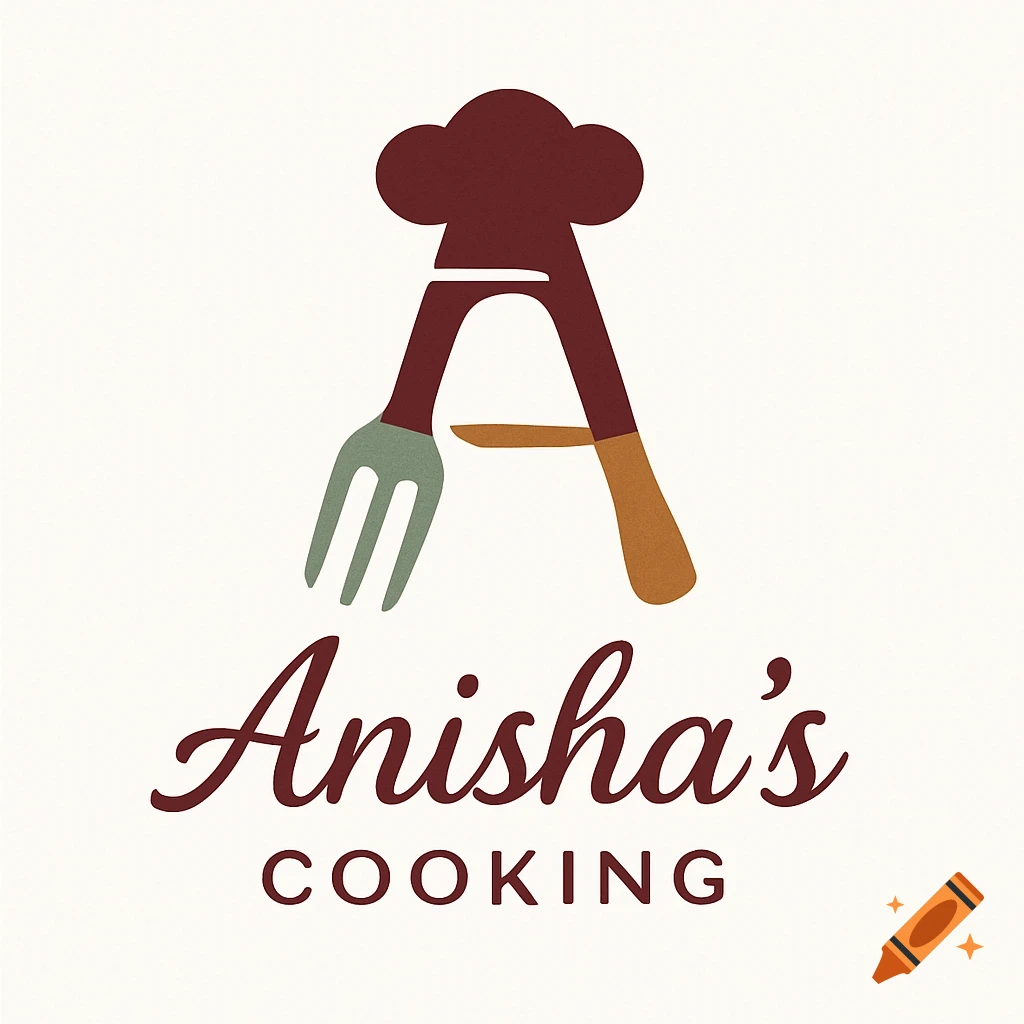 A logo for Anisha's Cooking, featuring a brown chef's hat on a stylized letter A, with a green fork and text below.