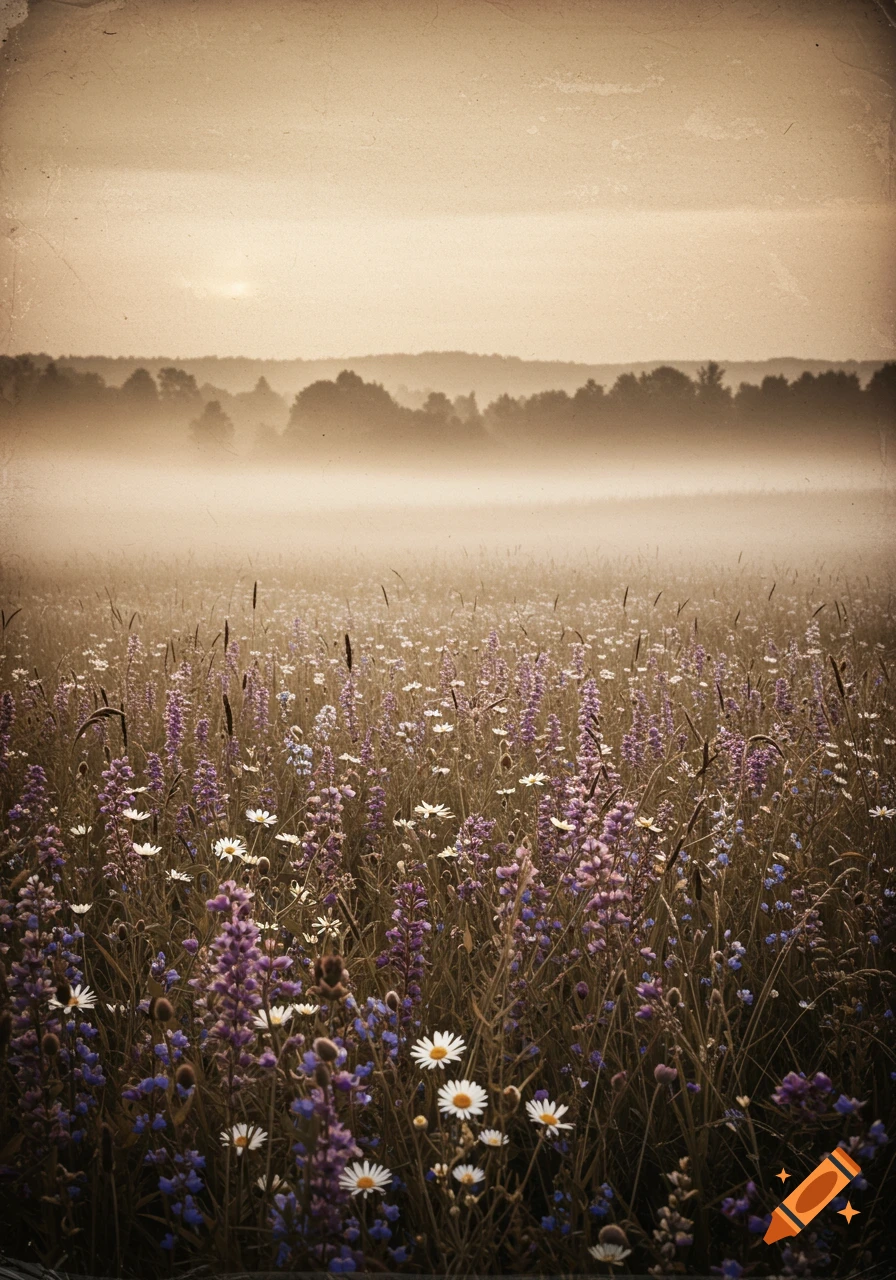Vintage sepia photo of a misty field filled with purple, white, and blue wildflowers under a muted sky.