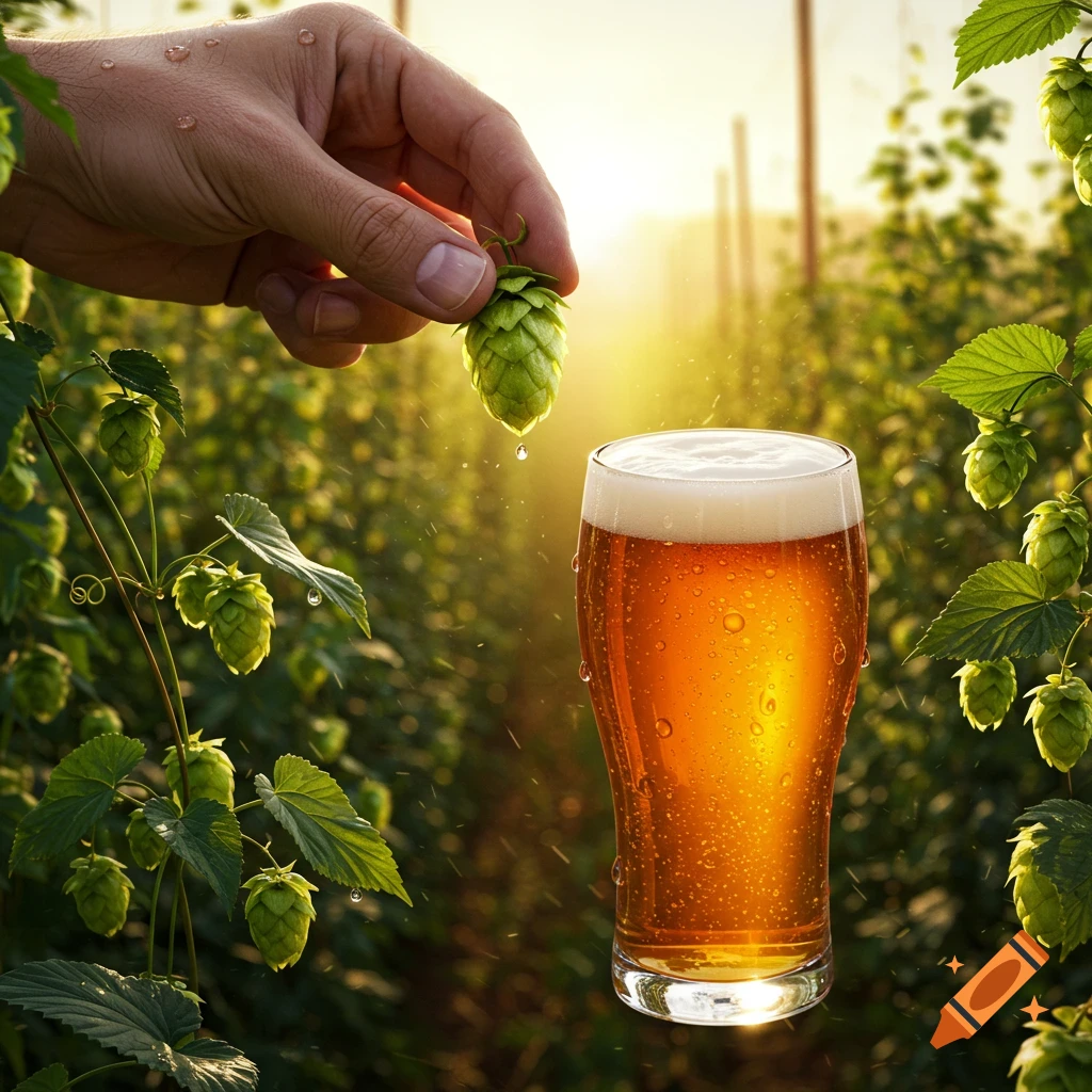 A hand holds a fresh hop cone over a condensation-covered glass of beer in a sunny hop field.