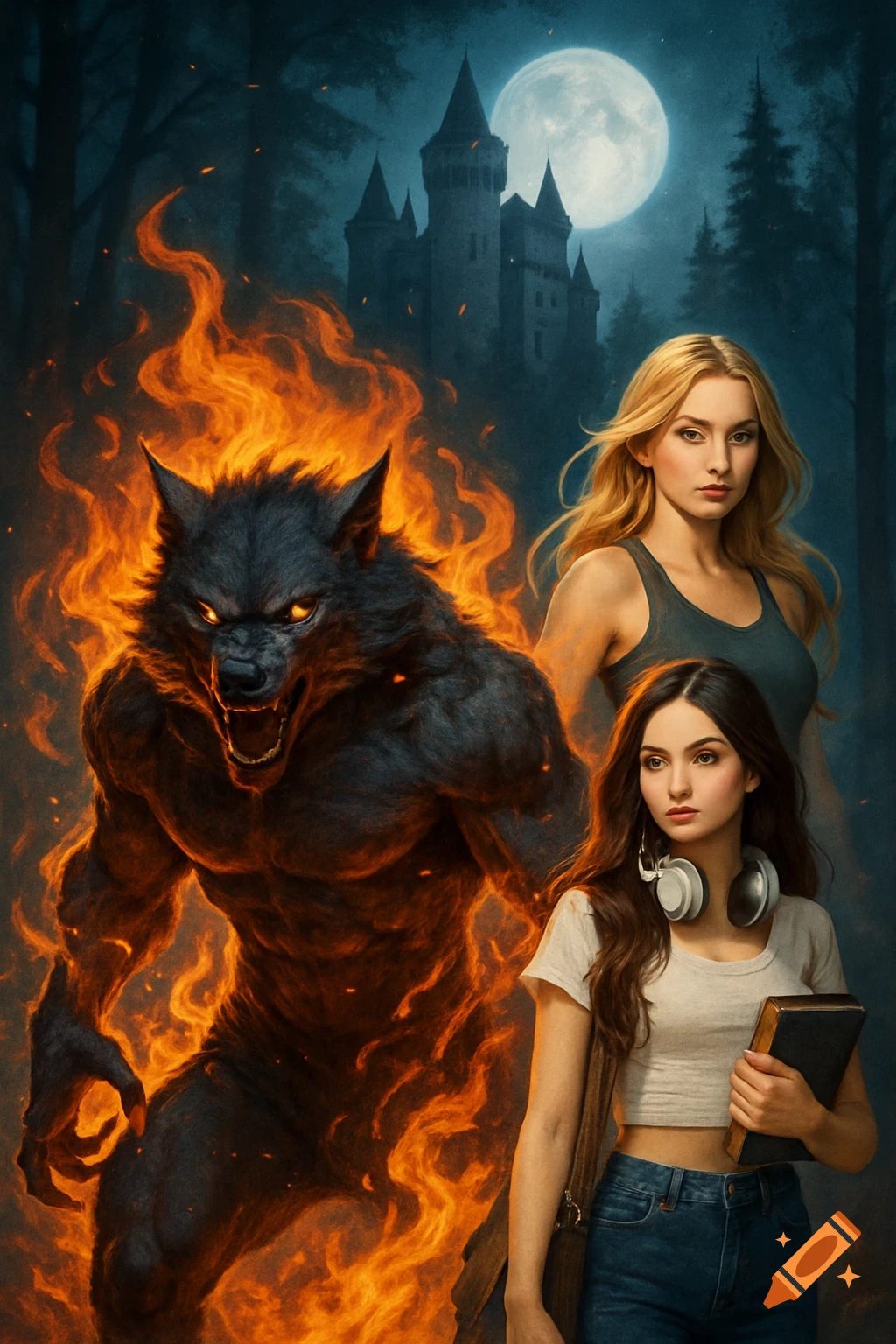 Fantasy art of a fiery werewolf, two women, and a castle under a full moon in a mystical forest.