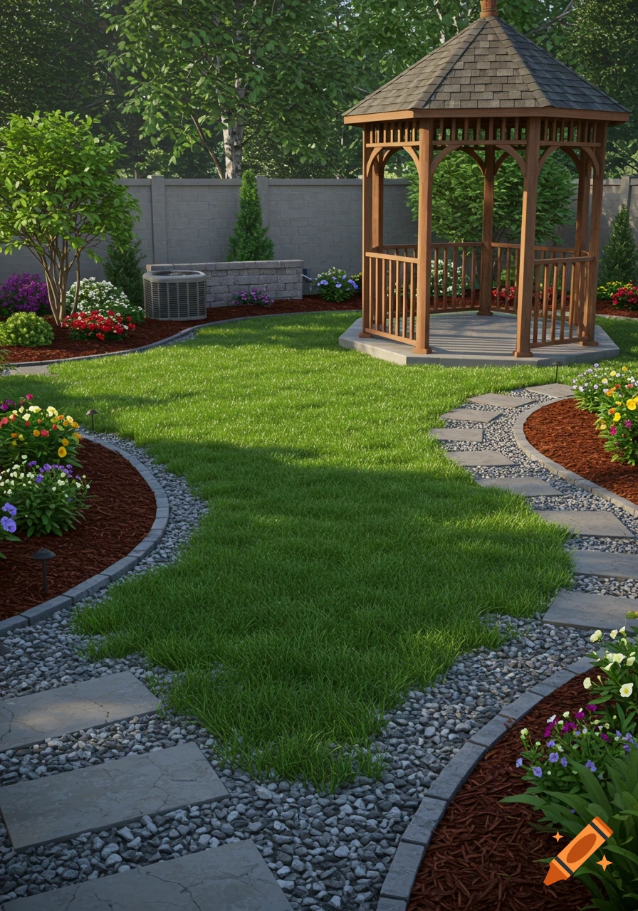 A serene backyard garden features a wooden gazebo, lush green lawn, curved stone path, mulch beds with flowers, and an AC unit.
