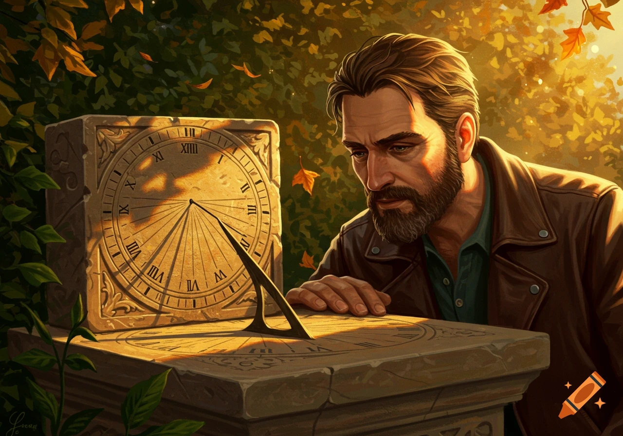 A man with a beard and brown jacket looking intently at a stone sundial bathed in warm, golden sunlight among green and autumn leaves.