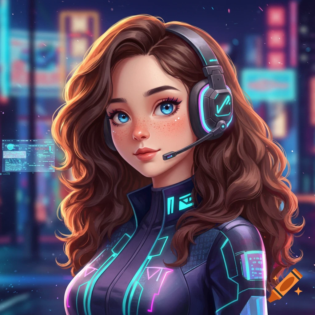 A vibrant anime portrait of a girl with a headset, brown wavy hair, blue eyes, and freckles, wearing a futuristic outfit against a neon city background.